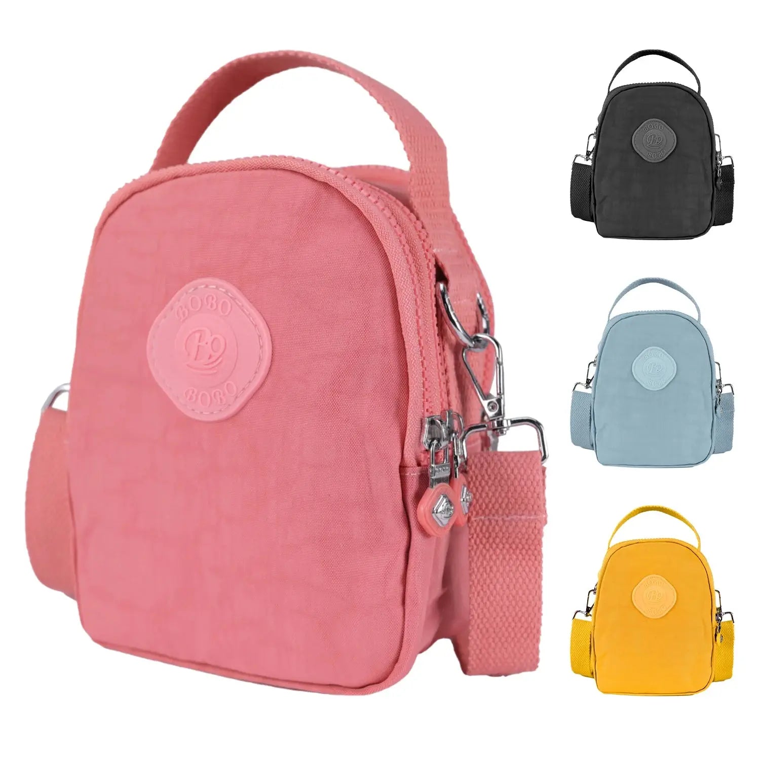 Lightweight women's crossbody bag in pink, small waterproof messenger purse with adjustable strap and multiple pockets in four color options.