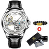 Silver automatic watch with black leather strap and gift set