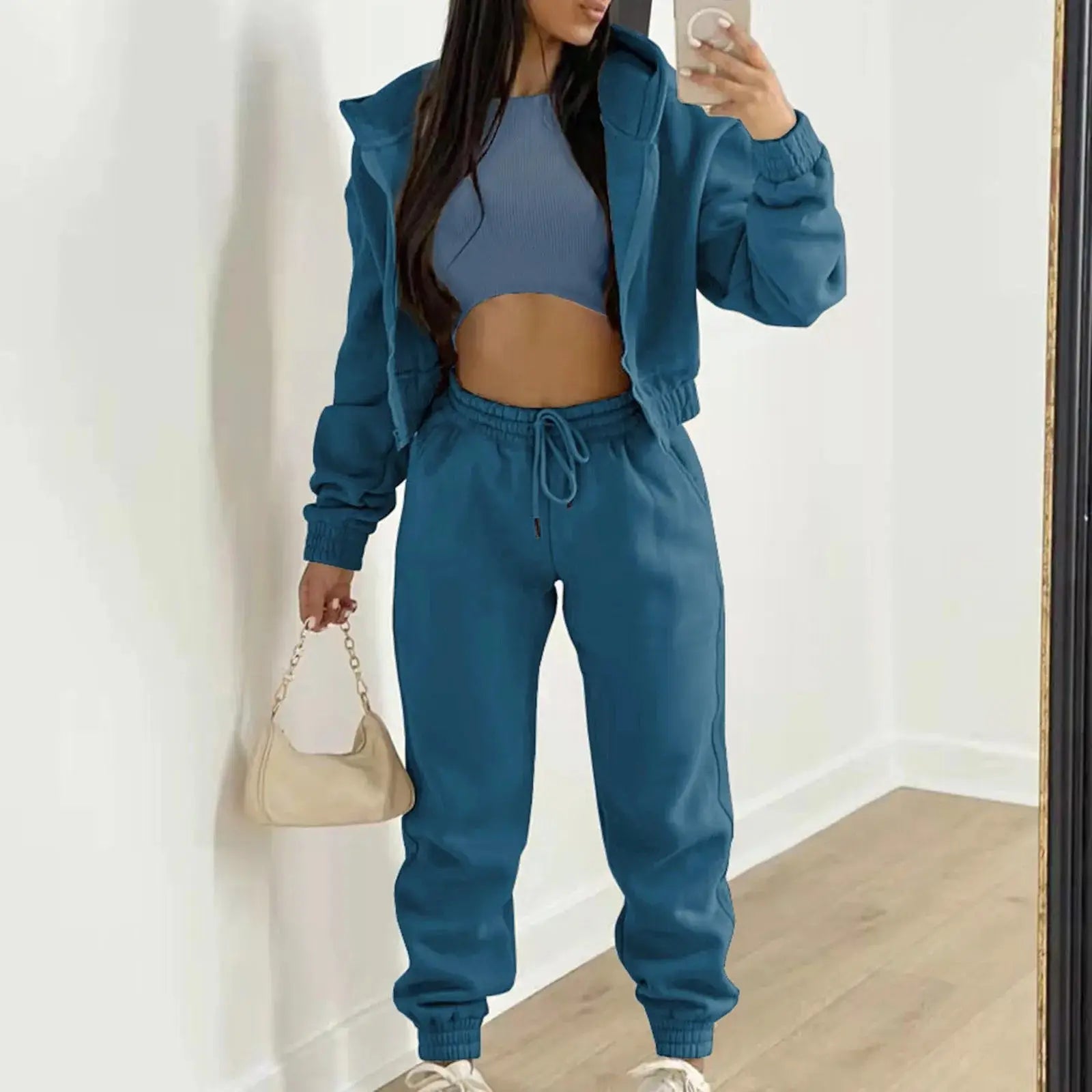 Women's Autumn Winter Casual Tracksuit Set with Vest Top, Zipper Jacket and Loose Pants, Available in Plus Sizes