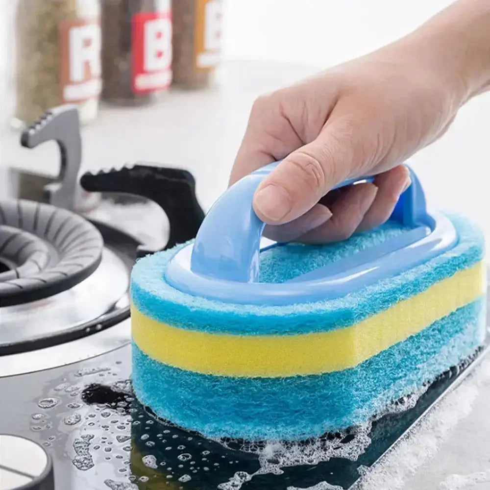 Sponge brush with handle for kitchen cleaning, dish and pot scrubber for stain removal, dishwashing tool