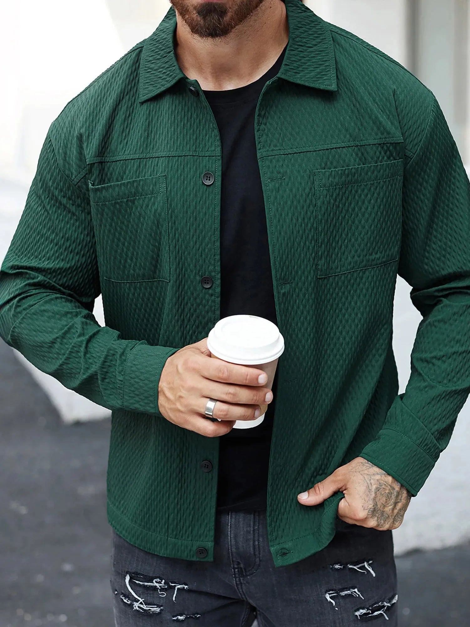 Casual Shirt Jacket Men with Solid Button Up Long Sleeves