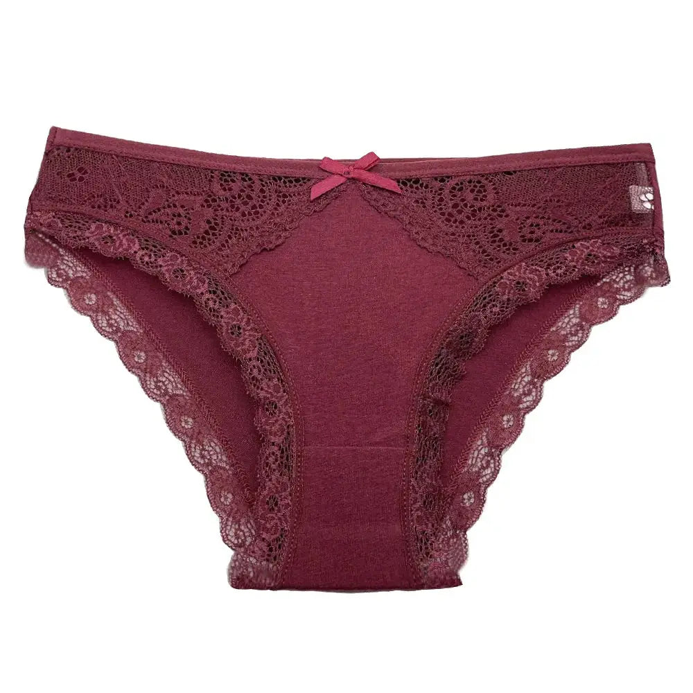Burgundy lace low-rise cotton panty from 5-Pack Women's Lace Low-Rise Cotton Panties Soft Briefs for Daily Comfort. Features bow detail and scalloped trim.