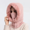 Light pink women's winter fur hat with hood