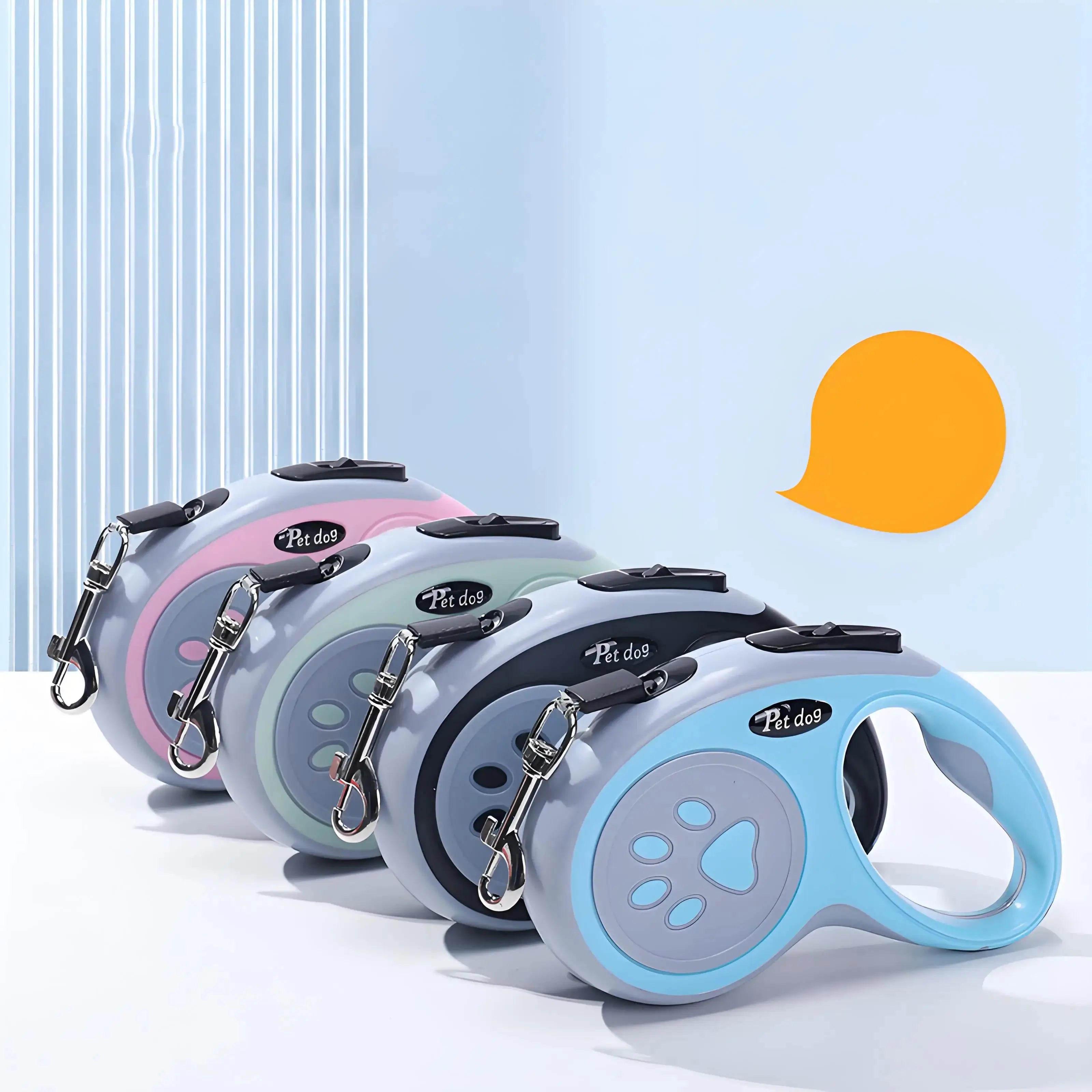 Colorful lineup of Automatic Retractable Nylon Pet Leashes for small pets. Stylish and durable leads for walking and running dogs and cats.