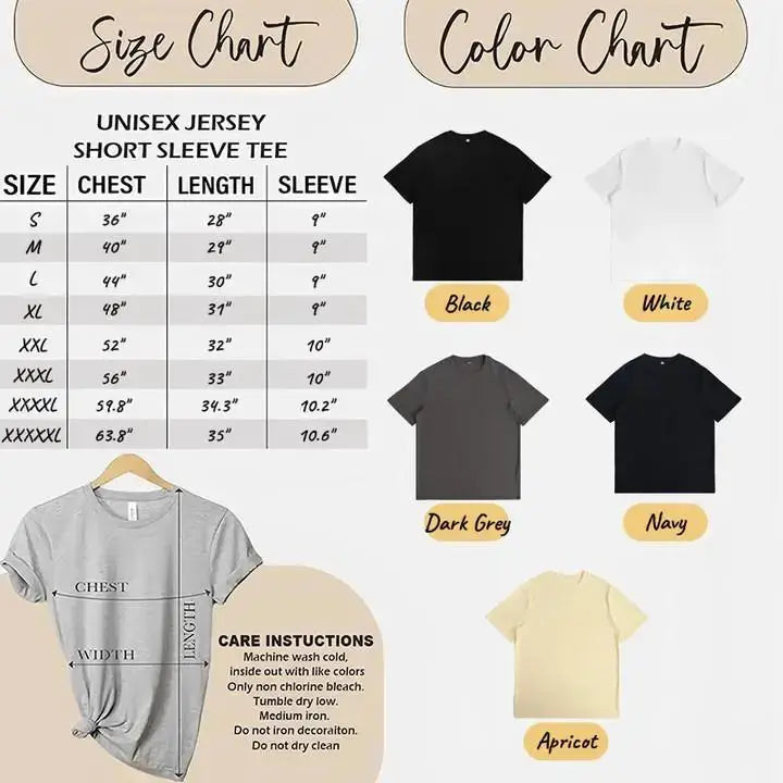 Size and color chart for women’s graphic T-shirt with American flag butterfly, showing measurements and available shades.