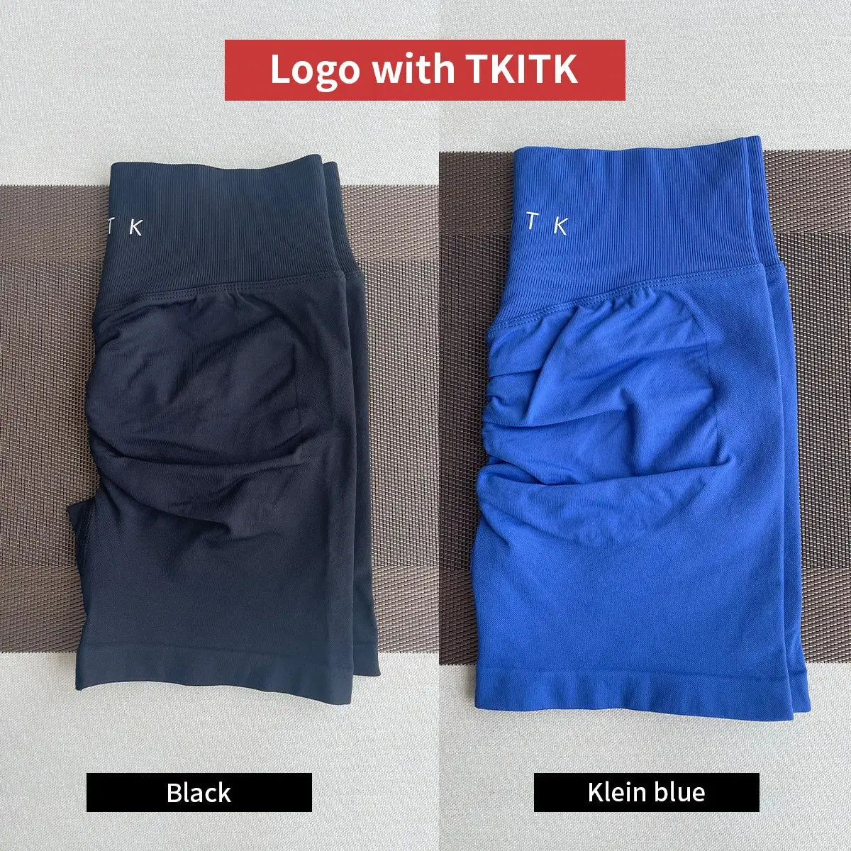 Women's 2-piece seamless workout set featuring soft compression shorts in black with TKITK logo, ideal for gym, running, and activewear.
