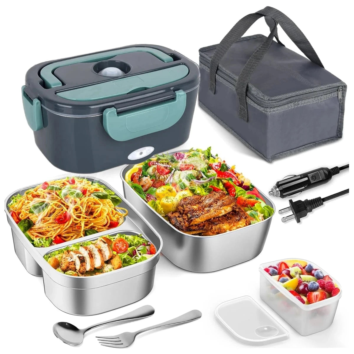 Electric Lunch Box 12V/24V/110V with 1.5L stainless container, utensils, and carry bag for home, office, or car meal warming.