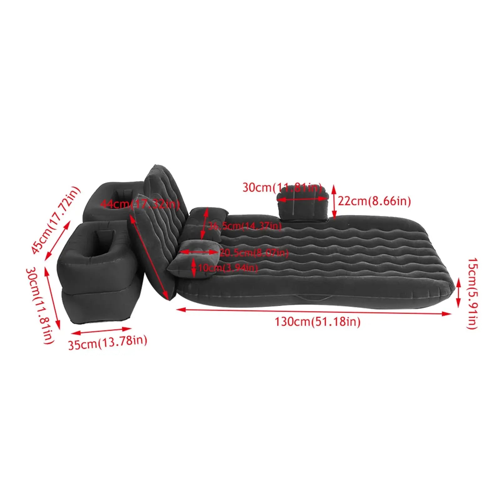 Black inflatable car back seat mattress with detailed dimensions in cm and inches, showing full layout with pillows and support cushions.