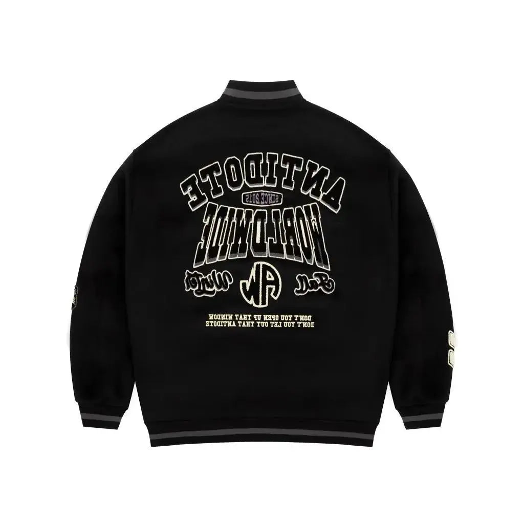Mens Vintage Bomber Jacket Flocked Embroidery Stand Collar Loose High Street Spring Coat