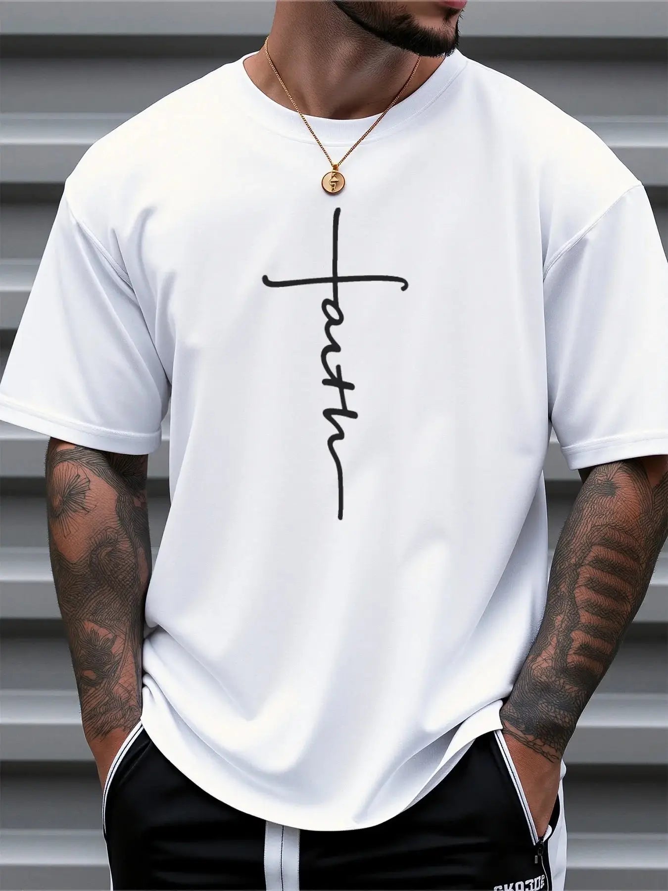 Men’s Cross Print T-Shirt 100% Cotton in white with 'Faith' text forming a cross, loose fit ideal for breathable summer streetwear.
