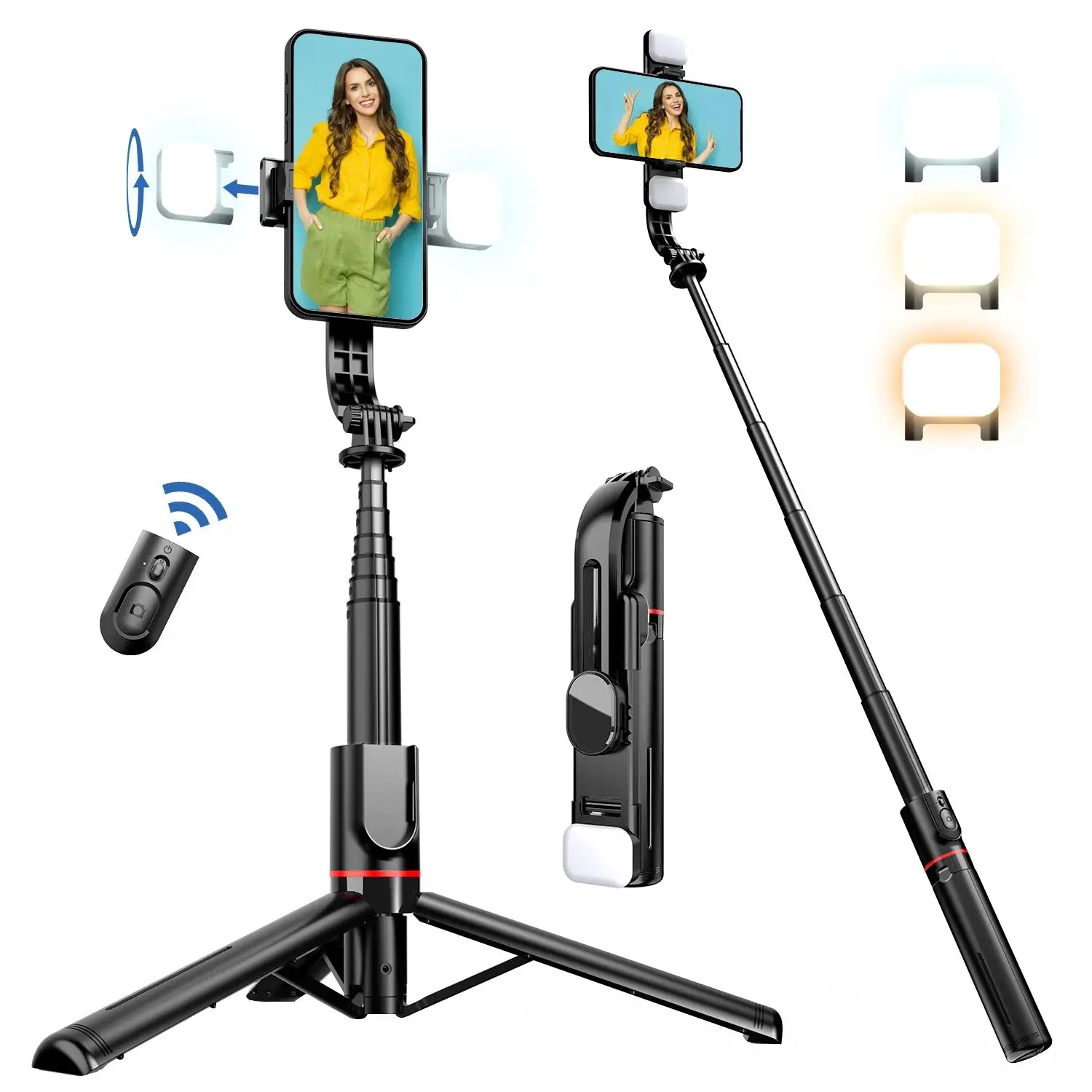 Selfie Stick Tripod with Fill Light & Bluetooth Remote fully extended to 1085mm, showcasing phone mount, LED lights, and wireless remote.