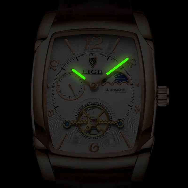Men's Mechanical Leather Watch – Luxury Square Design with Tourbillon & Business Sport Style
