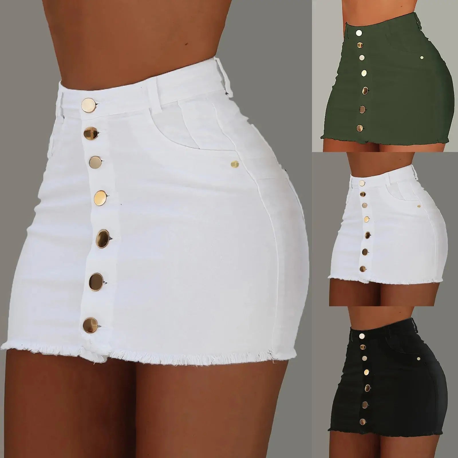 Women’s short denim skirt, high-waisted elastic design with breathable fabric and decorative ruffle hem