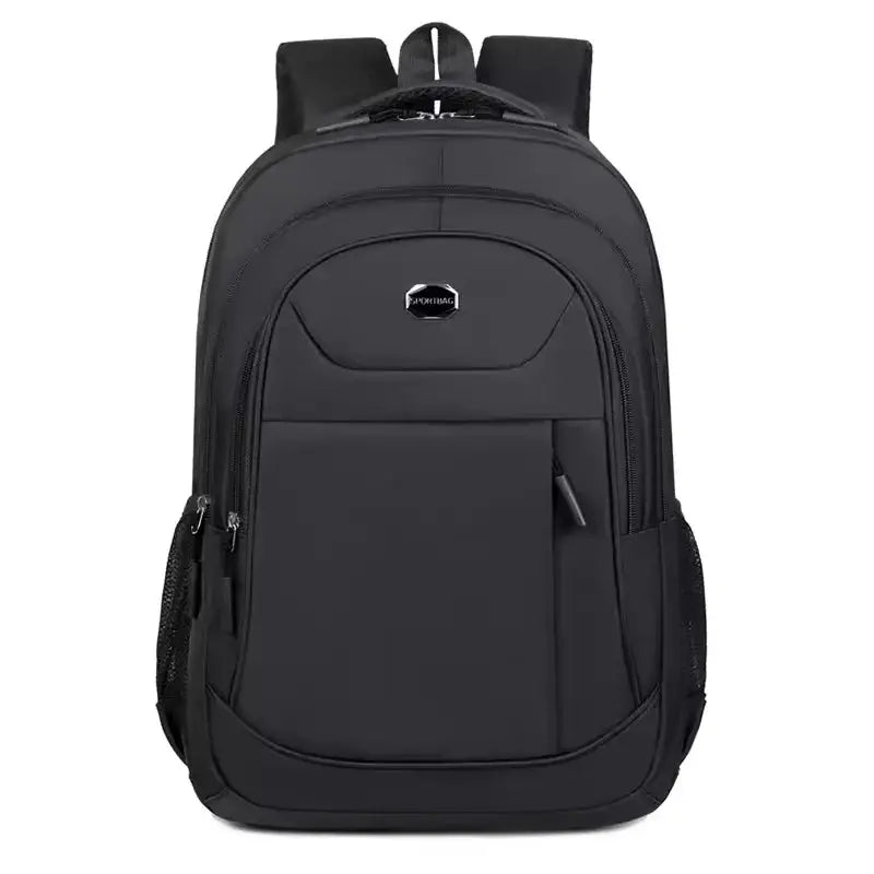 Classic black men’s waterproof Oxford backpack with subtle logo, perfect for business, school, or daily commuting.