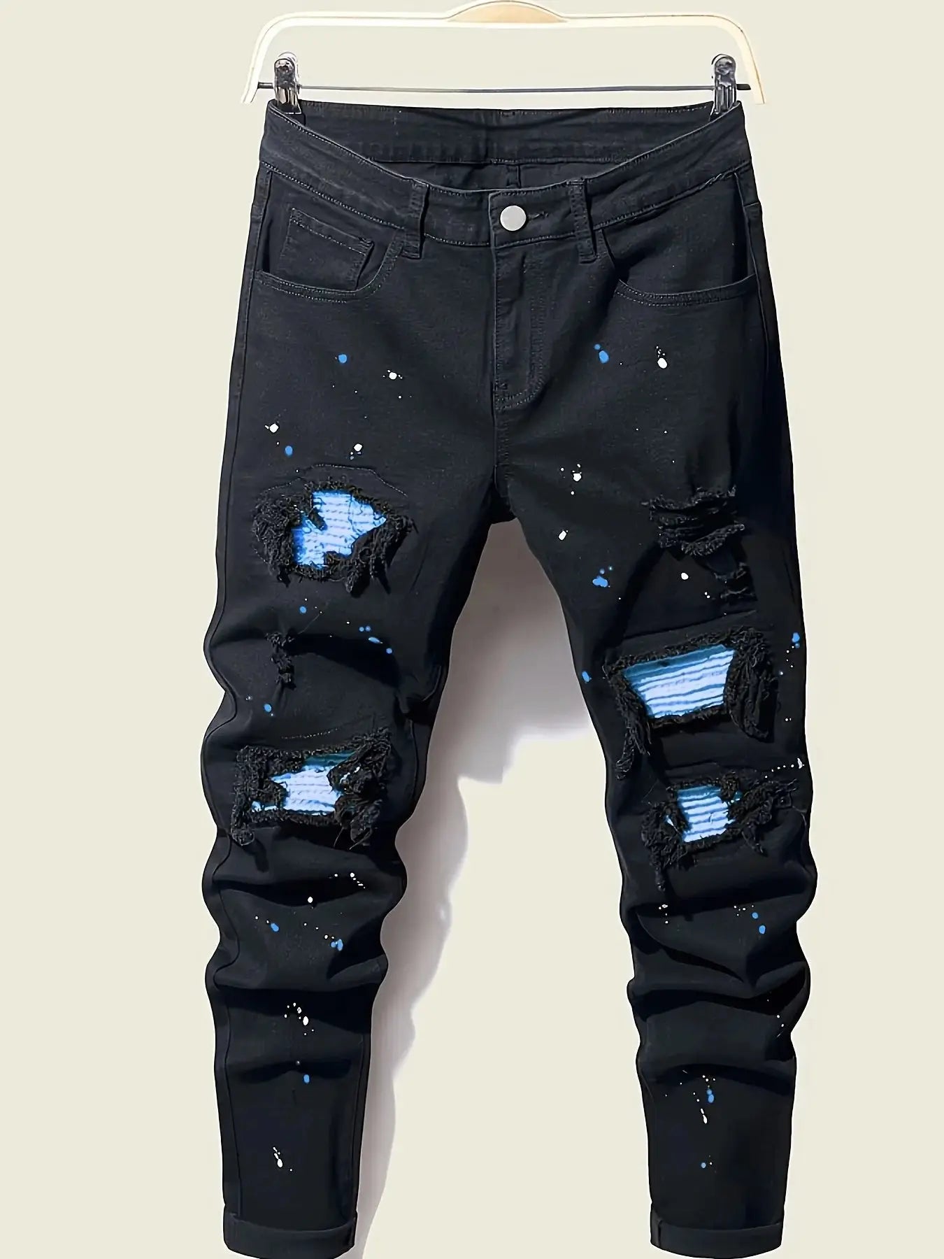 Men’s Splash-Ink Patchwork Jeans – Artistic Streetwear Denim with Unique Paint Effect & Panel Stitching