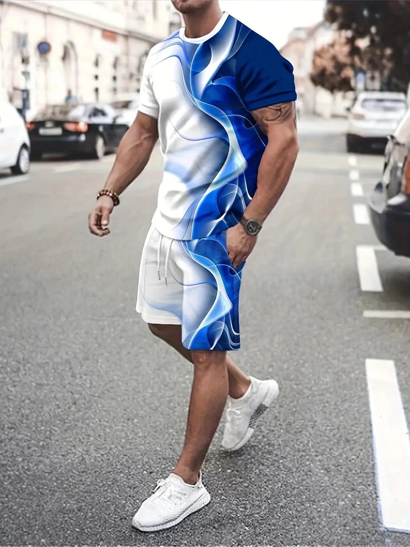 Men's 2-piece summer outfit with round neck short-sleeve shirt and shorts featuring a blue and white 3D digital print, ideal for casual wear.