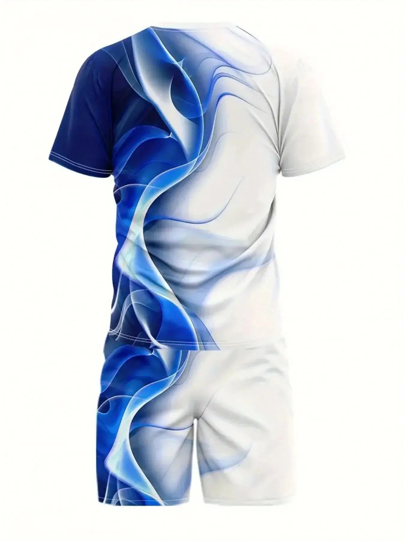 Back view of men's 2-piece summer outfit with breathable polyester fabric and abstract blue 3D digital print design, perfect for warm weather.