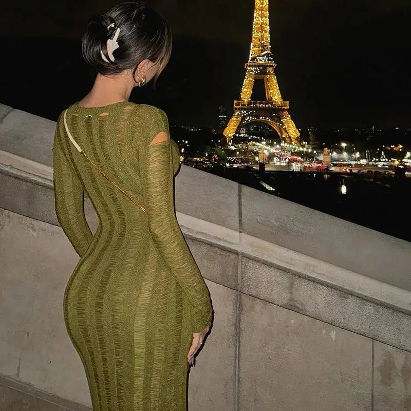 Women’s Hollow Out Long Sweater Dress – O-Neck Bodycon Party Dress for Fall, Club & Streetwear