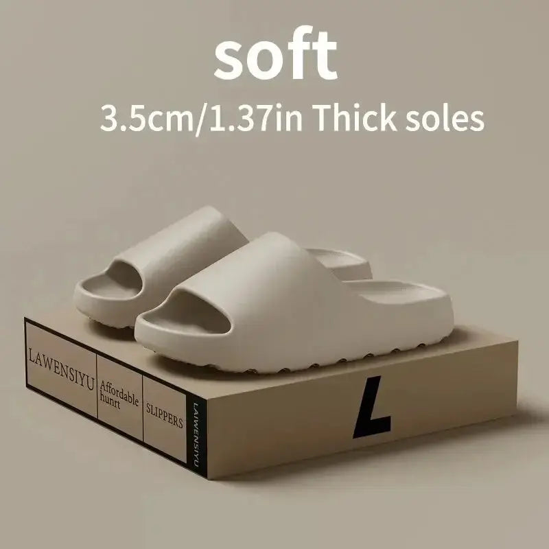 Beige 1 Pair Cloud Cushion Slippers for Men & Women on branded box, featuring 3.5cm thick sole for soft, non-slip summer comfort.