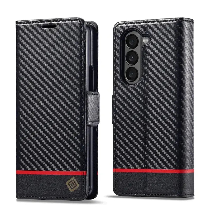 PU leather wallet case with carbon fiber design for Samsung Galaxy Z Fold 3/4/5/6, magnetic flip cover with stand function