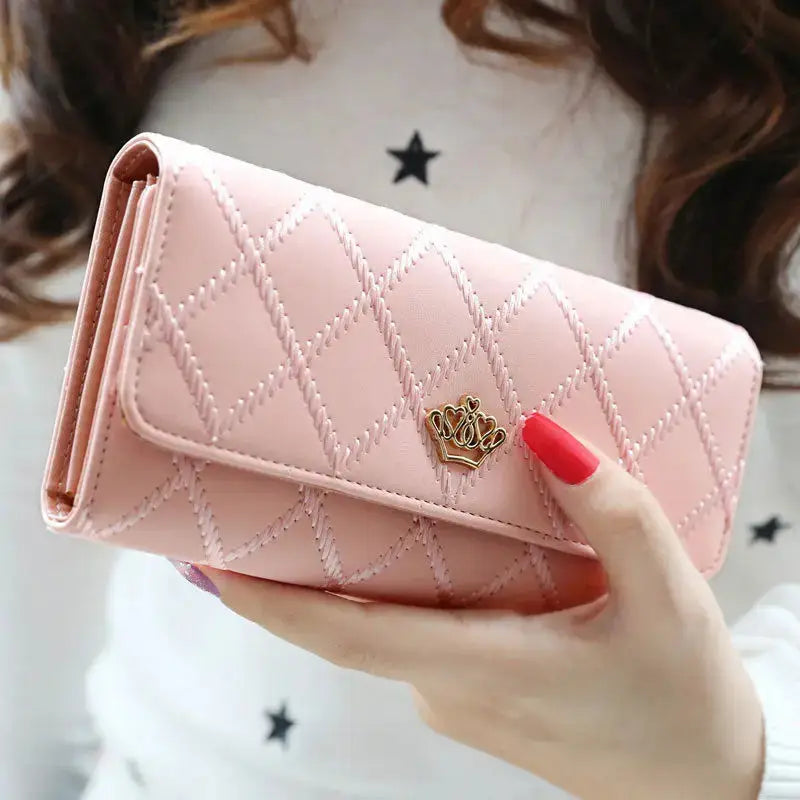 Women’s long PU leather wallet with crown detail, bifold card holder and phone organizer purse for daily use