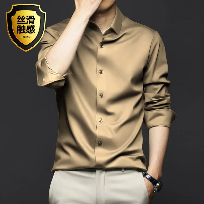 Elegant gold long sleeve men's shirt, ideal for special occasions.