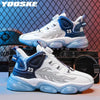 Stylish white and blue high top shoes with flame design and cushioned sole.