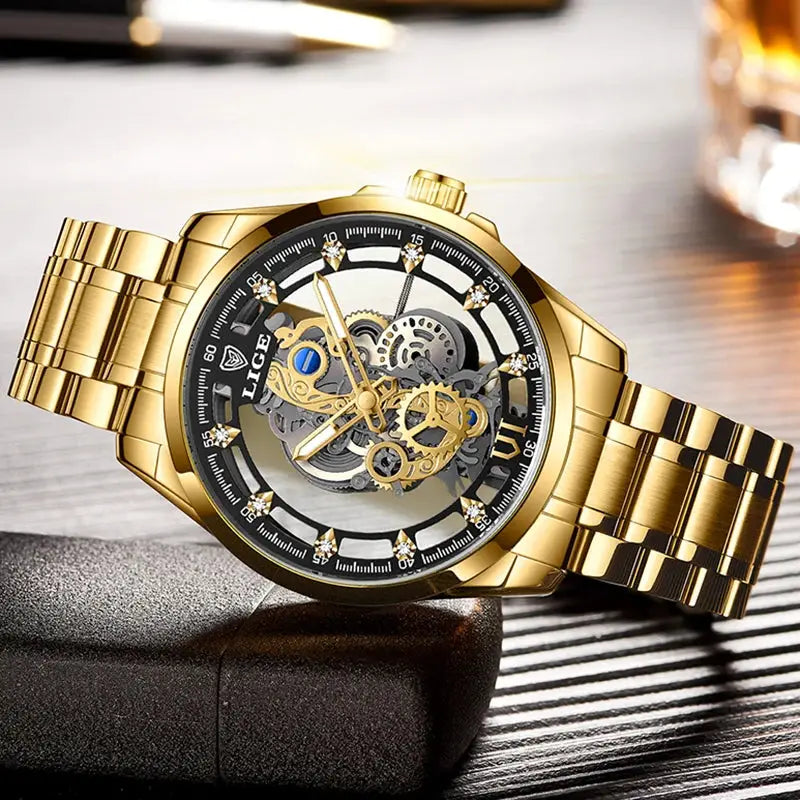 Men’s Skeleton  Watch Luxury Design Quartz Movement Waterproof Gift Box Included