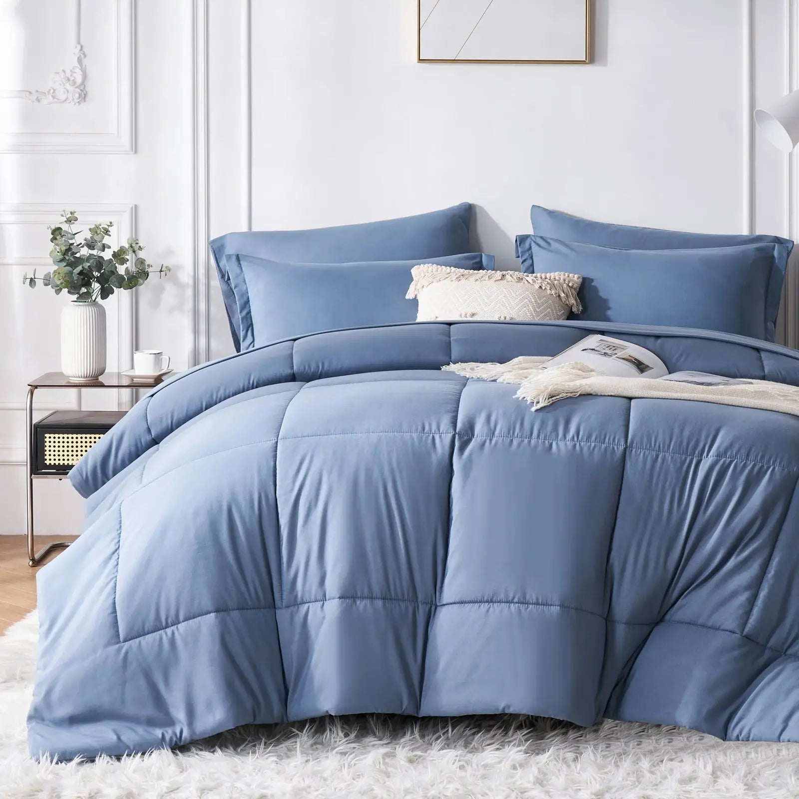7-piece Queen bed-in-a-bag set with solid geometric comforter, sheets and pillowcases included