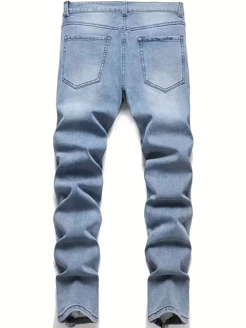 Men’s Slim Fit Ripped Jeans – Light Blue Distressed Denim with Stretch for Casual Street Style