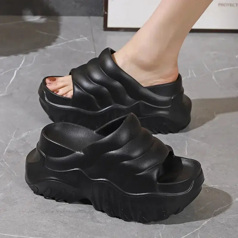 Women’s Platform Wedge Sandals – Open Toe Slip-On Slides with Ankle Buckle for Summer Beach Style