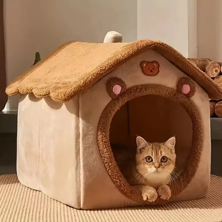 Washable and removable foldable pet bed house for cats and small dogs, featuring soft fleece and bear-themed decor