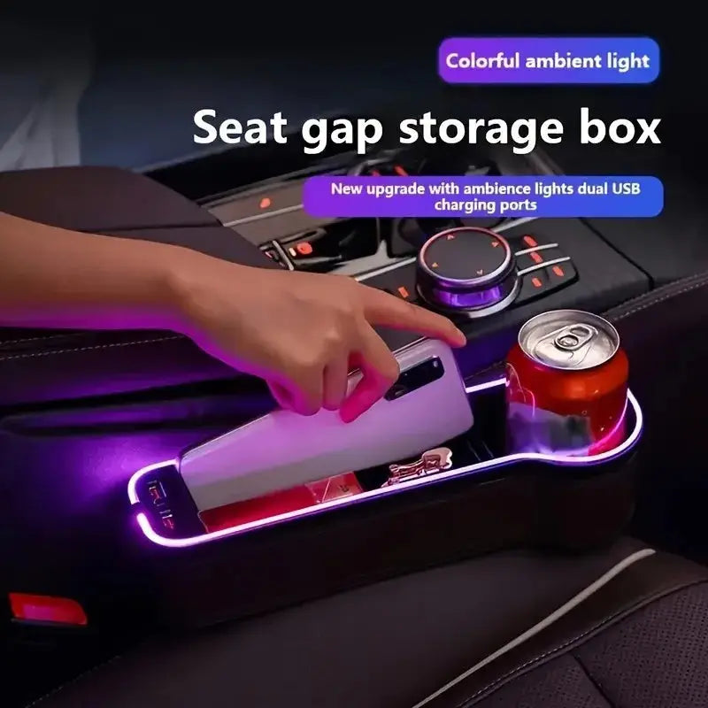 LED-lit universal car seat gap organizer with dual USB ports, cup holder, and phone slot, enhancing storage and charging convenience in vehicles.
