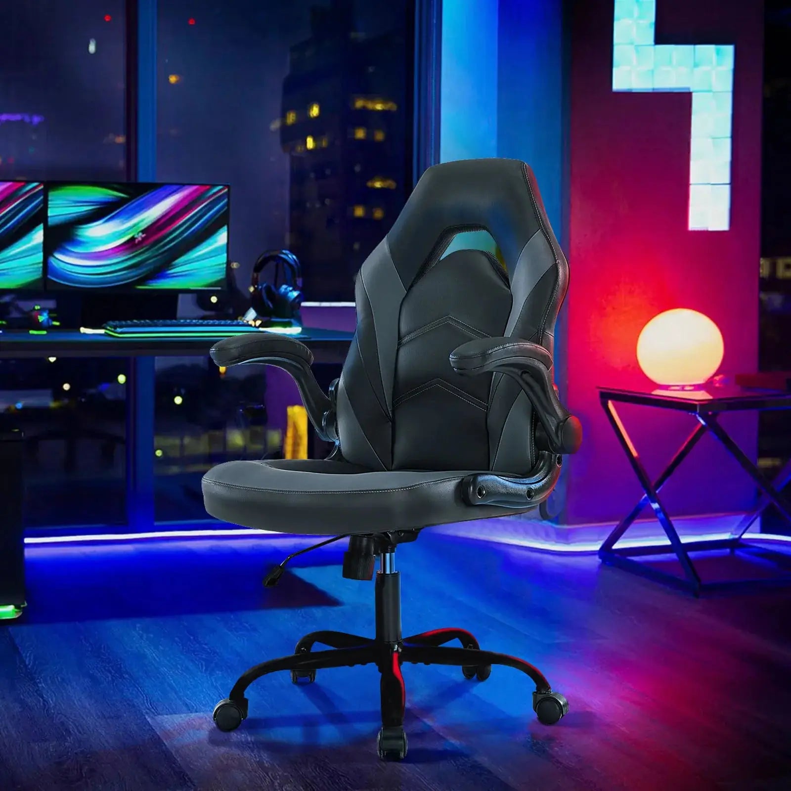 Ergonomic PU Leather Gaming Chair Adjustable Height & Flip-Up Arms Office or Home Desk Seat