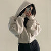 Beige women's fashion zipper hoodie sweatshirt, front view