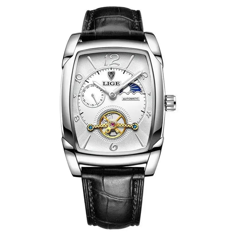 Men's Mechanical Leather Watch – Luxury Square Design with Tourbillon & Business Sport Style