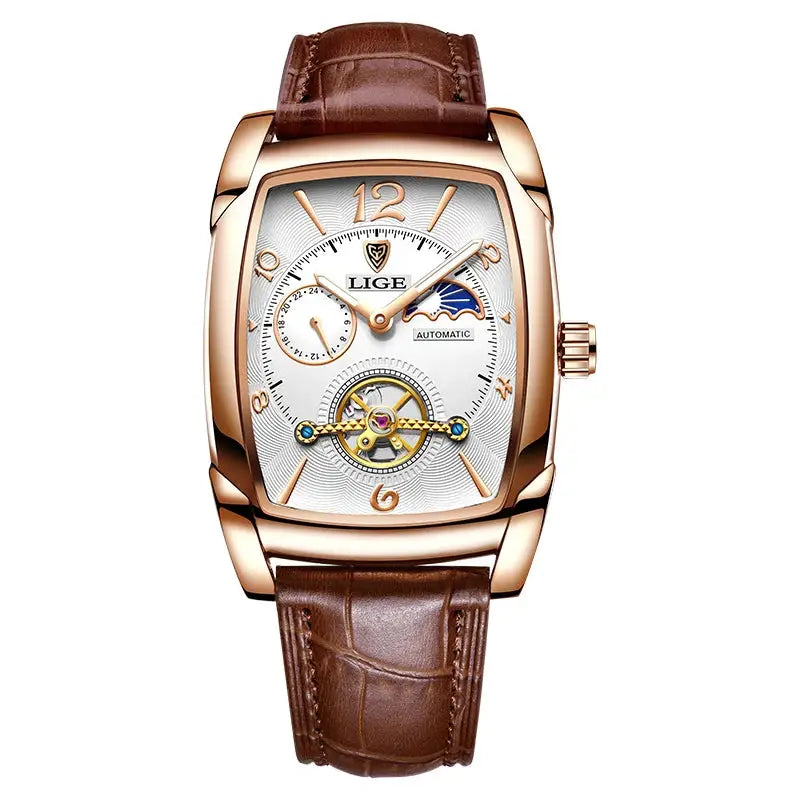 Men's Mechanical Leather Watch – Luxury Square Design with Tourbillon & Business Sport Style