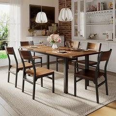 Elegant 7-piece dining table set with 6 chairs in warm wood tones.