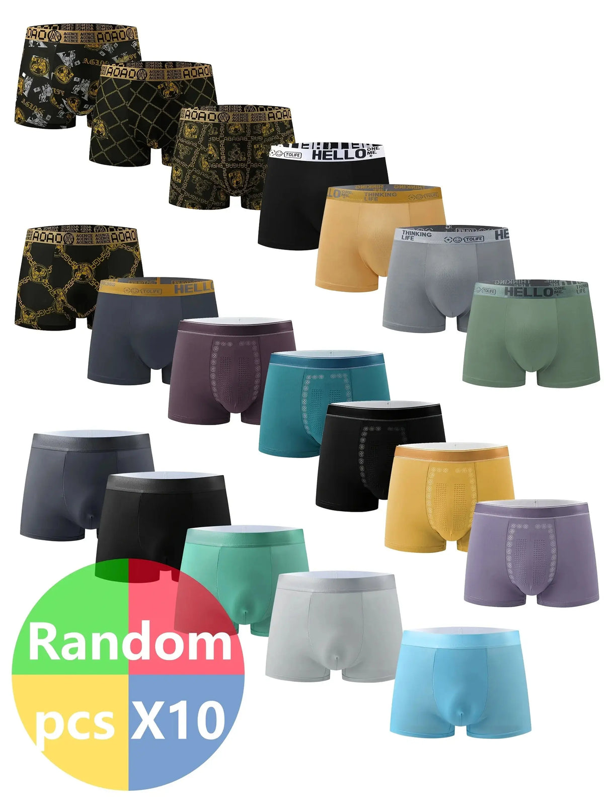 10-pack men's breathable boxer briefs in assorted colors and prints, stretchy and quick-dry sports trunks for active wear.
