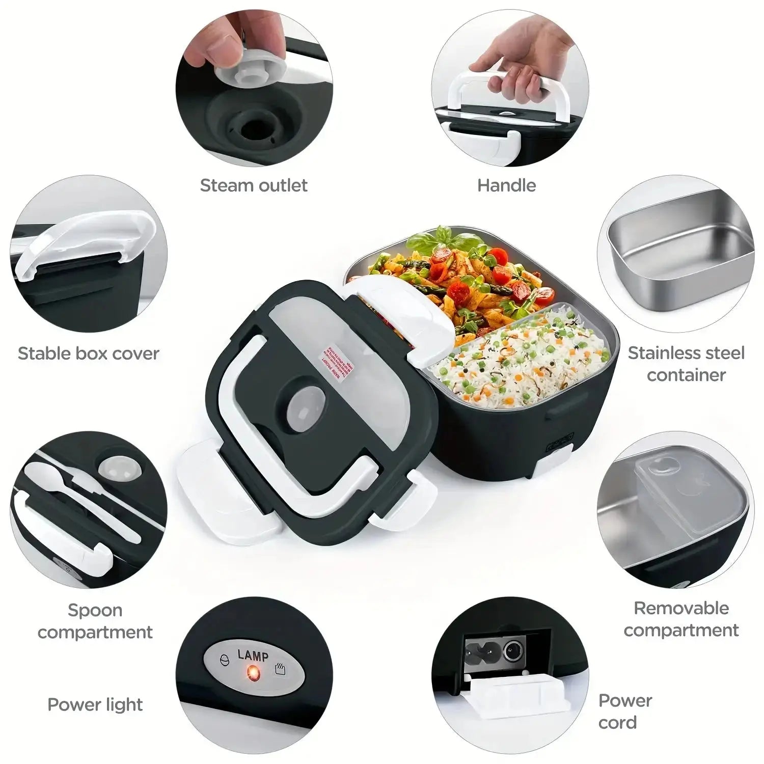 Electric Lunch Box 12V/24V/110V Portable Food Warmer with 1.5L Stainless Steel