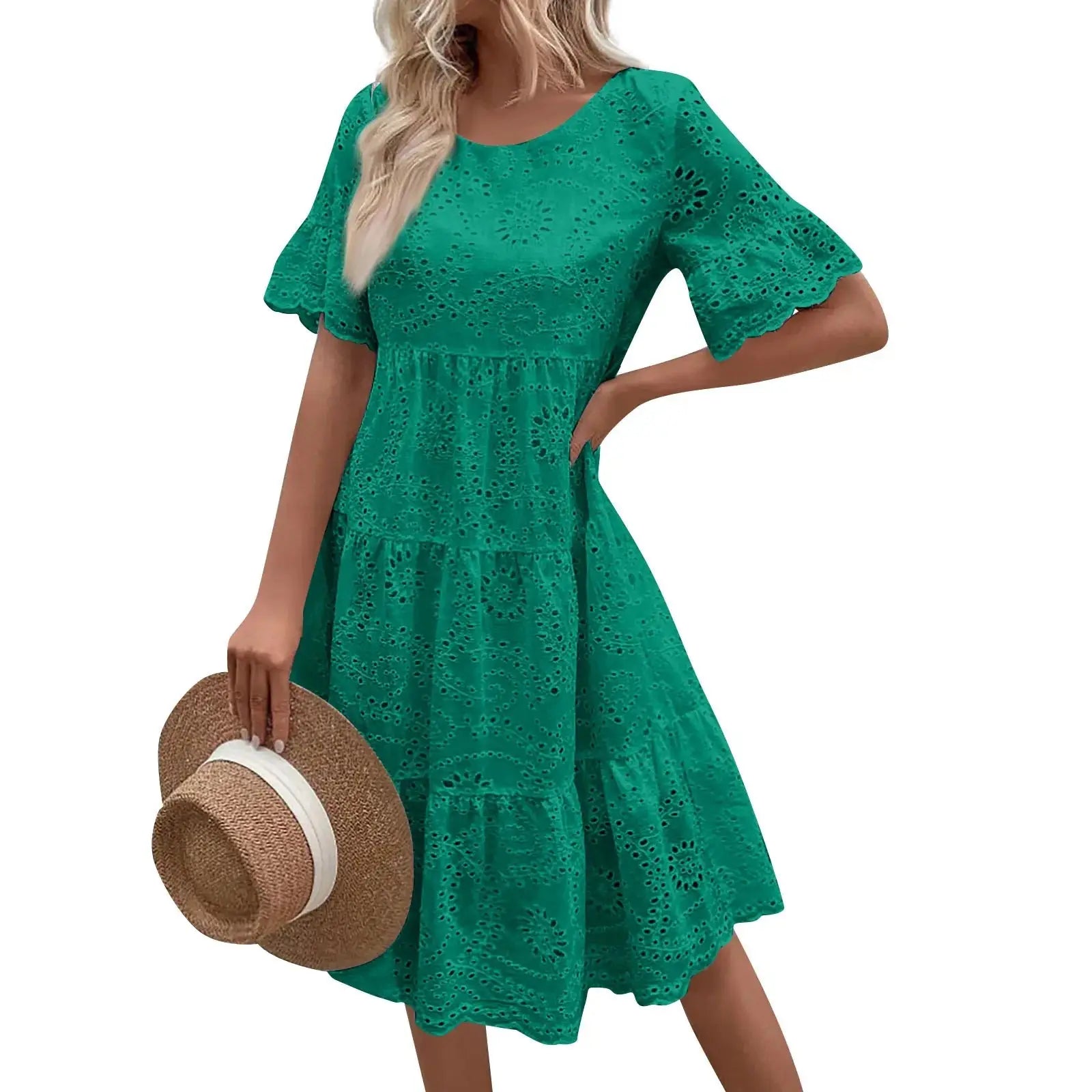 Women’s boho white lace dress, casual short sleeve sundress with pleats and hollow-out details
