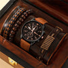 Men's watch set with brown strap and wooden bracelets