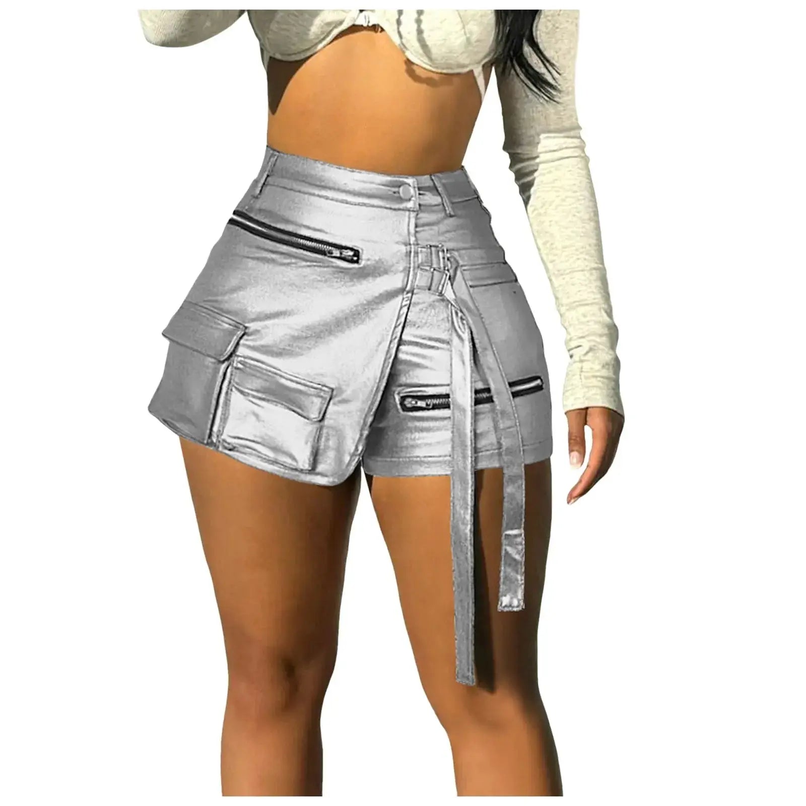 Women’s faux leather shorts, solid color slim fit design with side zipper and patchwork-style seams