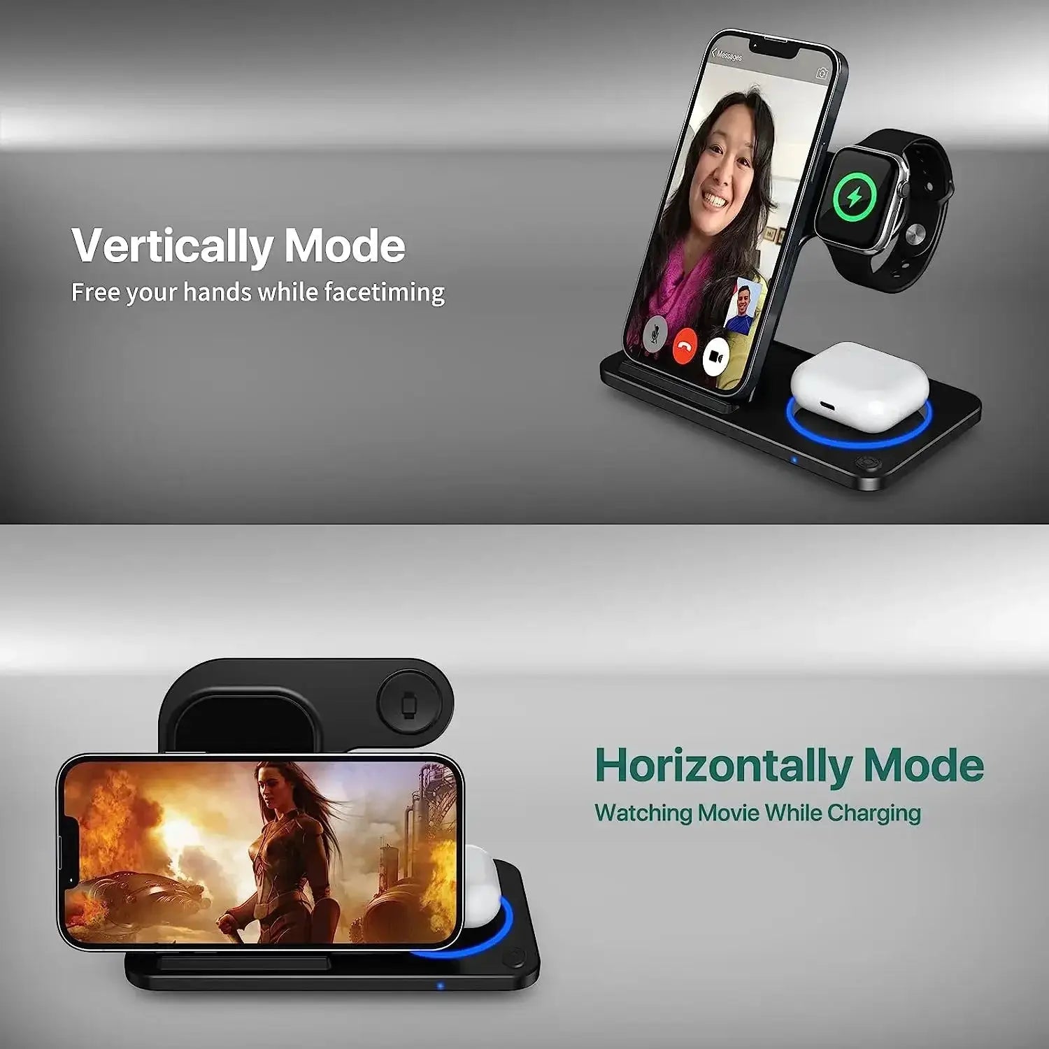 30W 3-in-1 Fast Wireless Charging Station – Foldable Charger Stand for iPhone 15/14/13/12/11, Apple Watch 9–5 & AirPods Pro