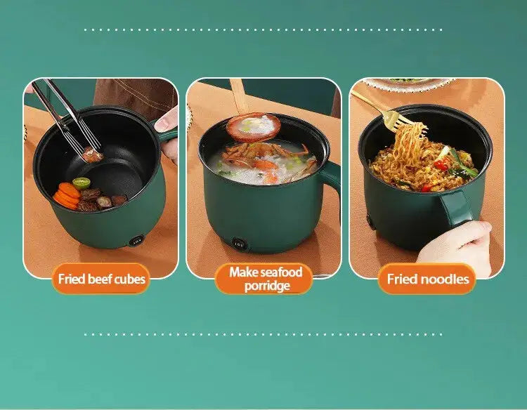 1.5L electric pot used for frying beef, making seafood porridge, and cooking noodles, highlighting its multifunctional kitchen appliance features.
