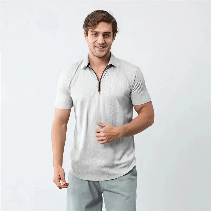 Men’s Jacquard Zip Polo Shirt – Short Sleeve Turn-Down Collar Top for Stylish Summer Casual Looks