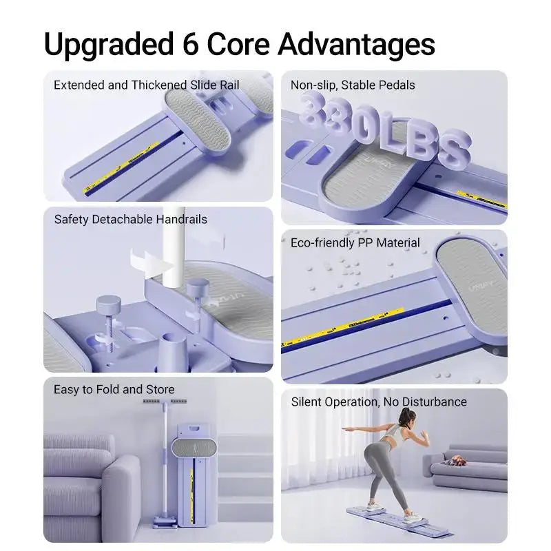 Foldable 3-in-1 ski trainer features six core upgrades including thickened slide rail, non-slip pedals, and eco-friendly materials.