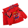 Children's red hooded coat featuring superhero graphics