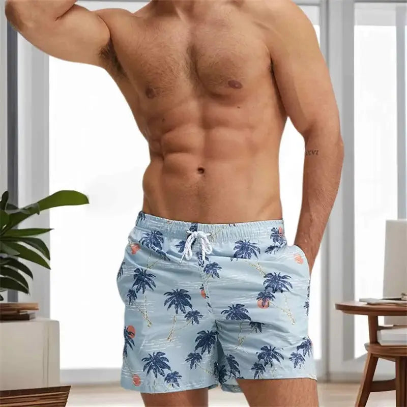 Men’s Quick-Dry Swim Trunks Tropical Palm Print Beach Shorts with Elastic Waist & Drawstring