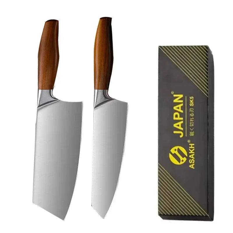 Pair of Japanese chef knives with wooden handles